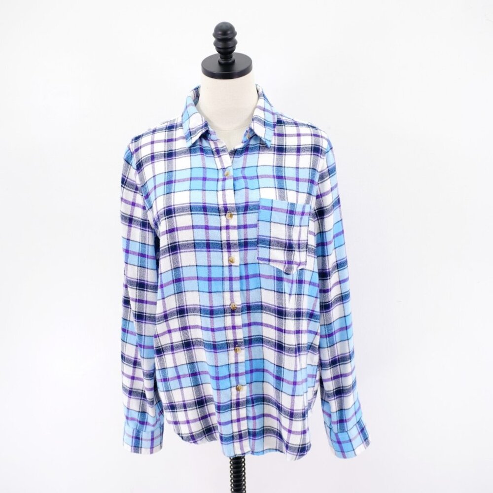 Aeropostale Flannel Plaid Collared Button Front Shirt Top Large Blue White Purpl